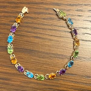 Pretty 7" Sixteen Multicolor Gemstone Tennis Bracelet Stamped 14K